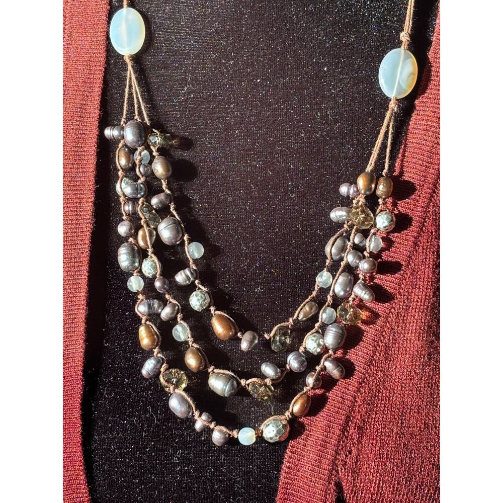 J Jill Multistrand Pearl & Rhinestone Glass Beads Necklace Cord 18-20” Boho Chic